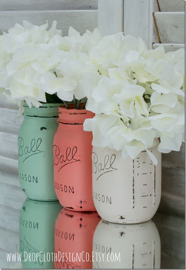 mint-green-coral-white-painted-mason-jars
