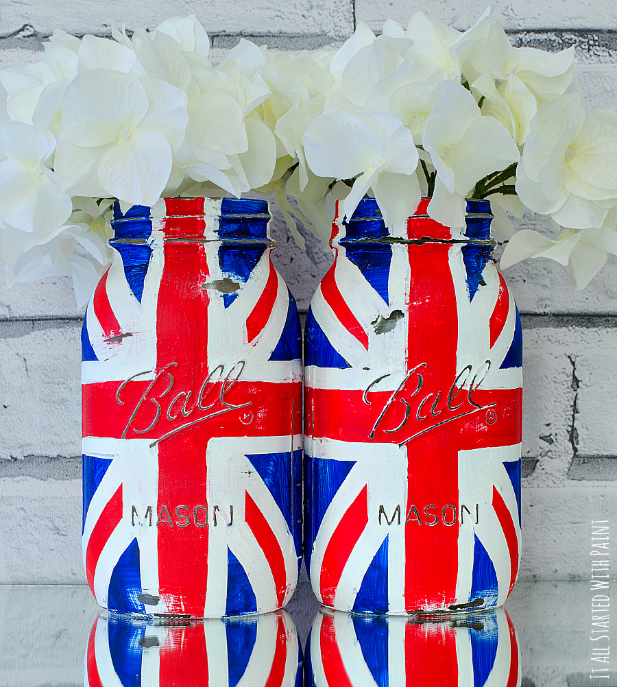 red white and blue mason jars painted