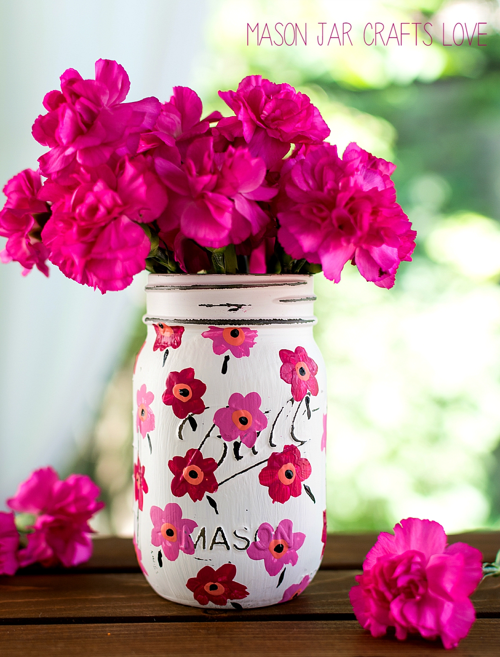 Mason Jar Crafts: Painted Pink Floral Marimekko Inspired Pattern