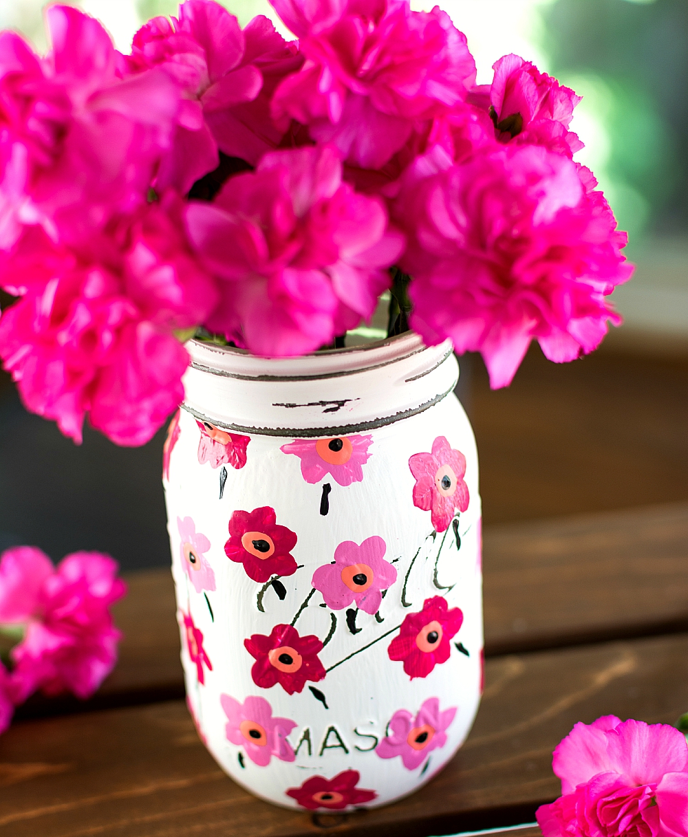 Painted Mason Jar - Flower Painted Mason Jar - Marimekko Pink Flower Mason Jar