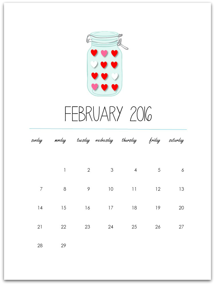 February 2016 Calendar Page - Mason Jar Calendar Page - Free Printable
