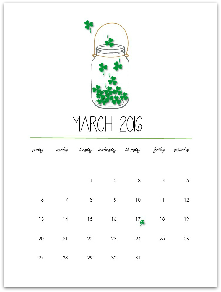 Free Calendar Page - Mason Jar Calendar Page for March 2016