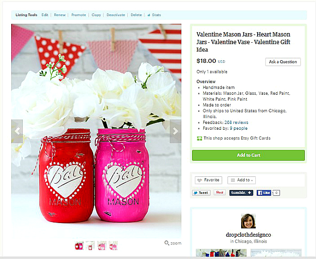 Valentine Day Gift Ideas on Etsy - Heart Jars Painted Mason Jars