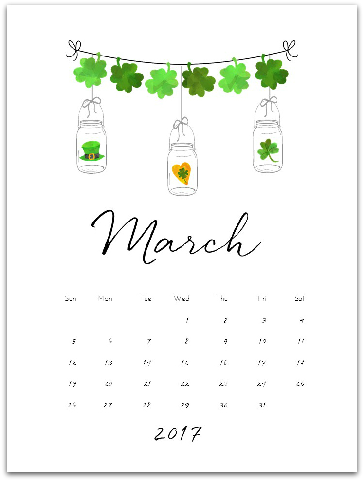 Free Calendar Page for March 2017 with Mason Jars
