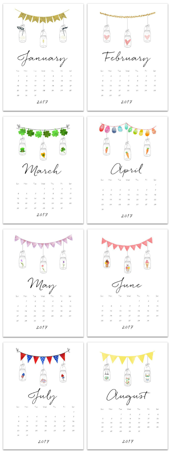 Free Calendar Page Printables with Mason Jars