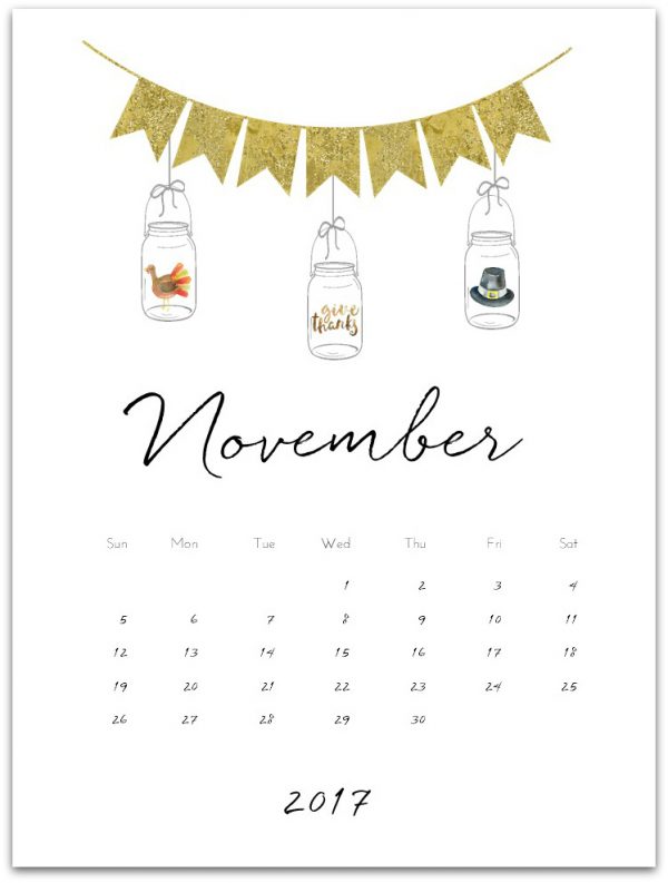 Free Calendar Printable for November 2017 - Mason Jar Calendar Page