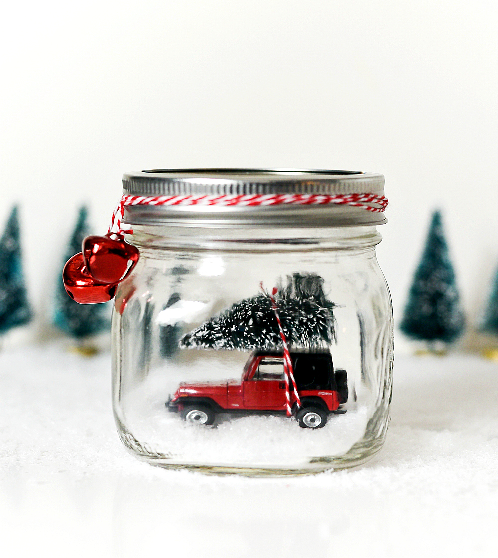 Mason Jar Snow Globe - Vintage Jeep Snow Globe - Car in Jar Snow Globe