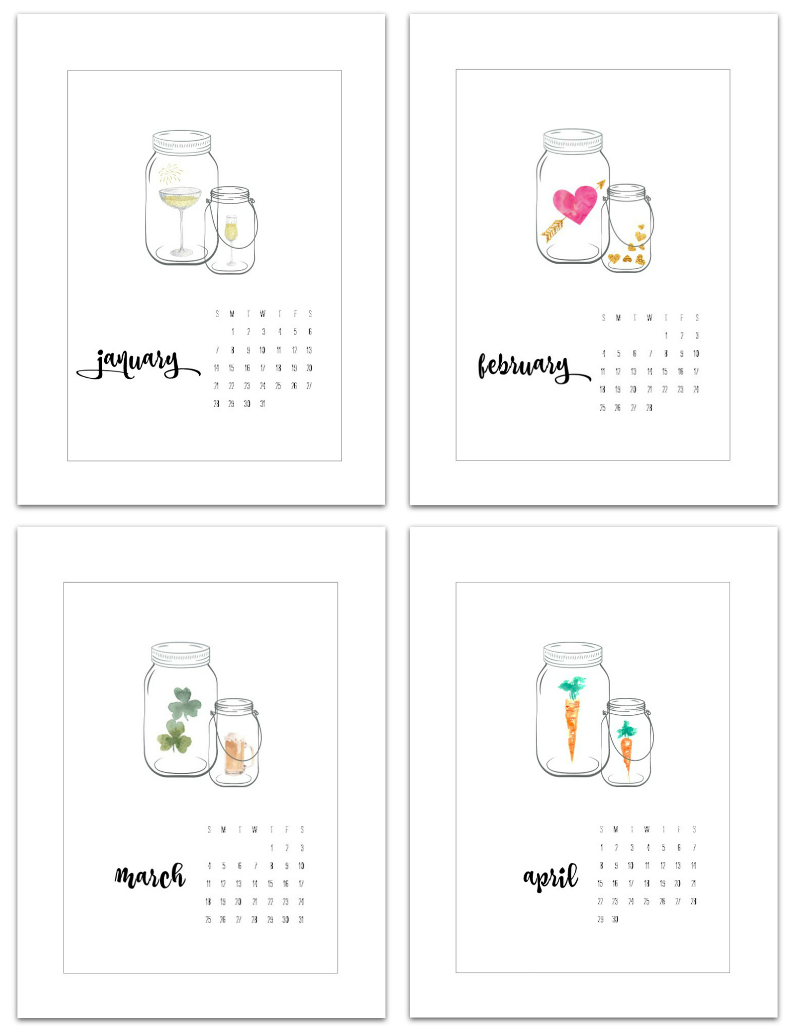 2018 Calendar Page Printables - Mason Jar Calendar Pages