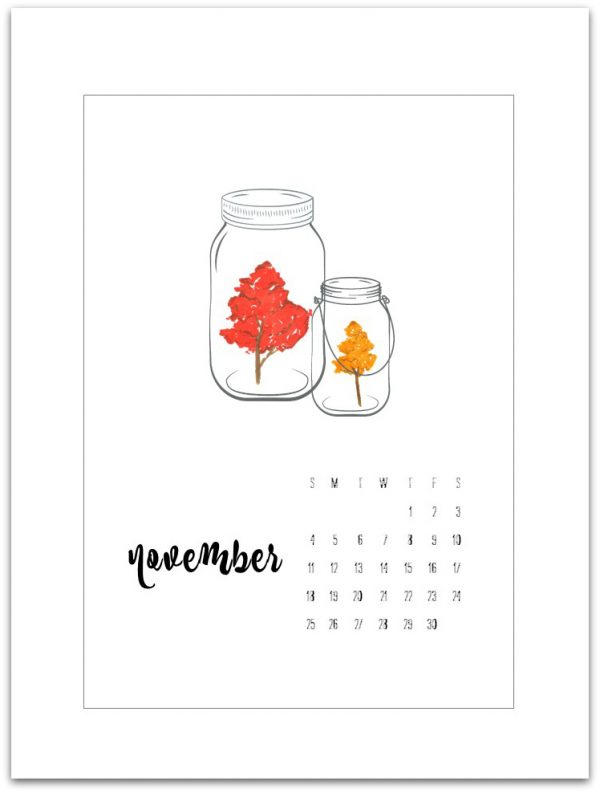 November Calendar Page Printable - Free Calendar Page Printable - Mason Jar Calendar Page Printable