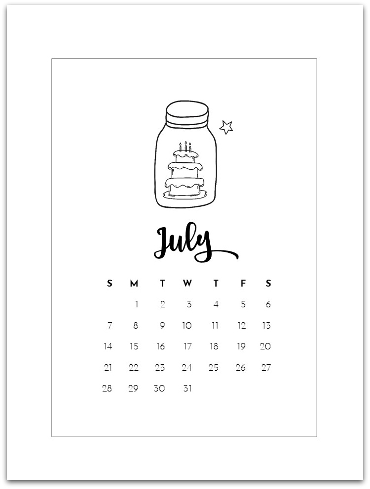 July Mason Jar Calendar Page - Free Printable Calendar Page 2019 - 2019 Free Calendar Pages