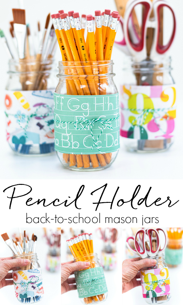 Easy Back To School Mason Jar Craft Idea - Mason Jar Pencil Holder Using Scrapbook Craft Paper and Baker's Twine - Easy to Make Teacher Gift Idea