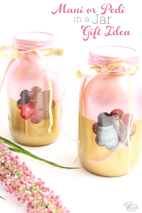 Mason jar gift ideas for Mother's Day. Mani Pedi in a mason jar gift idea