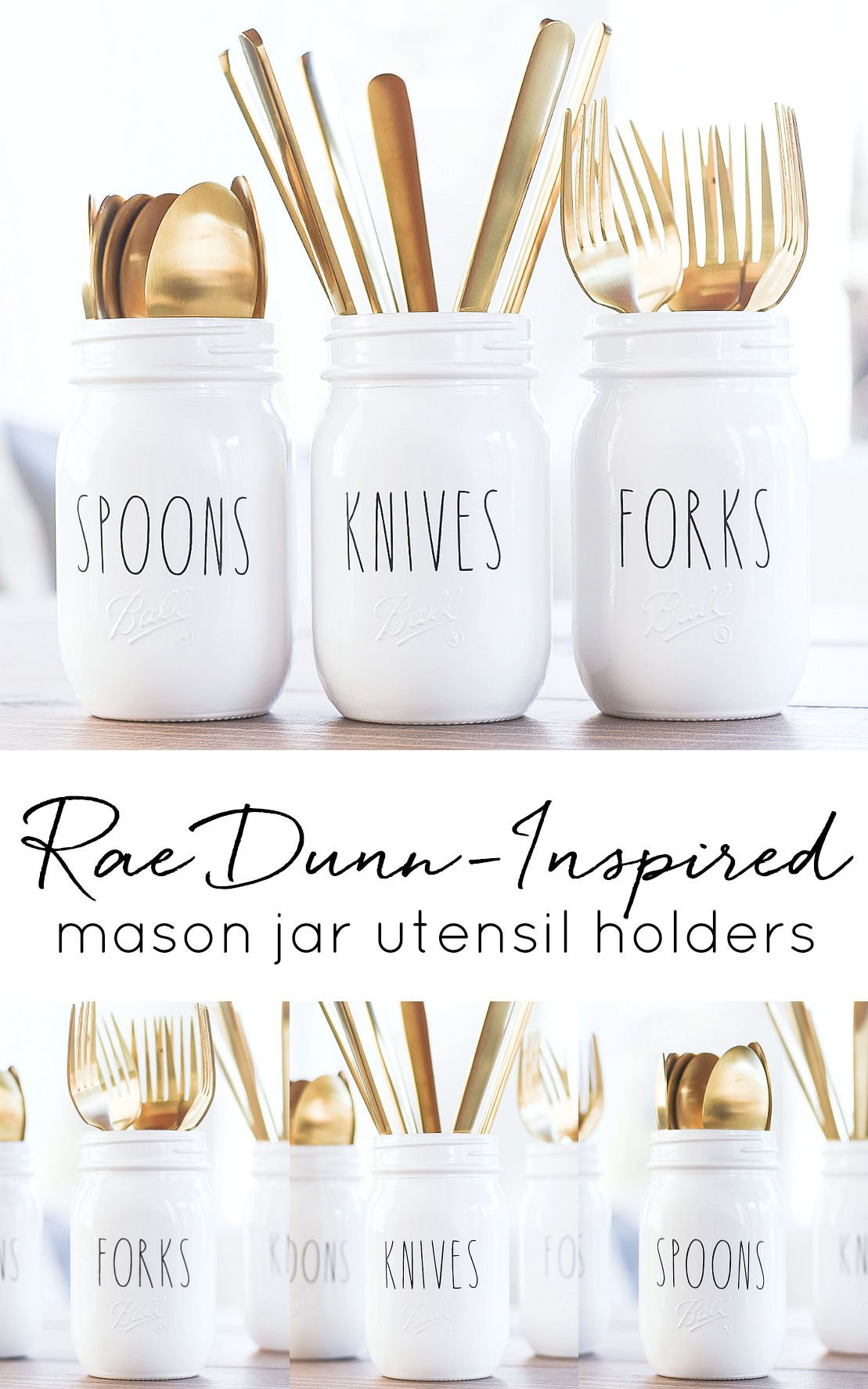 Rae Dunn-inspired mason jar utensil holders. Rae Dunn vinyl lettering on Etsy. Custom Rae Dunn vinyl. Mason jar crafts. Utensil holder ideas with jars.