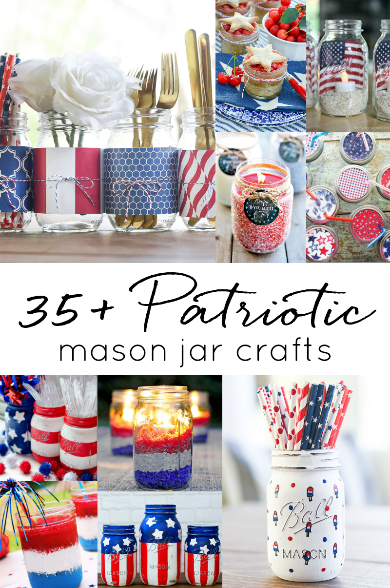 Memorial Day Mason Jar Crafts in Red, White & Blue. Fourth of July Mason Jar Crafts & Decor Ideas - Red White Blue Patriotic Mason Jars.
