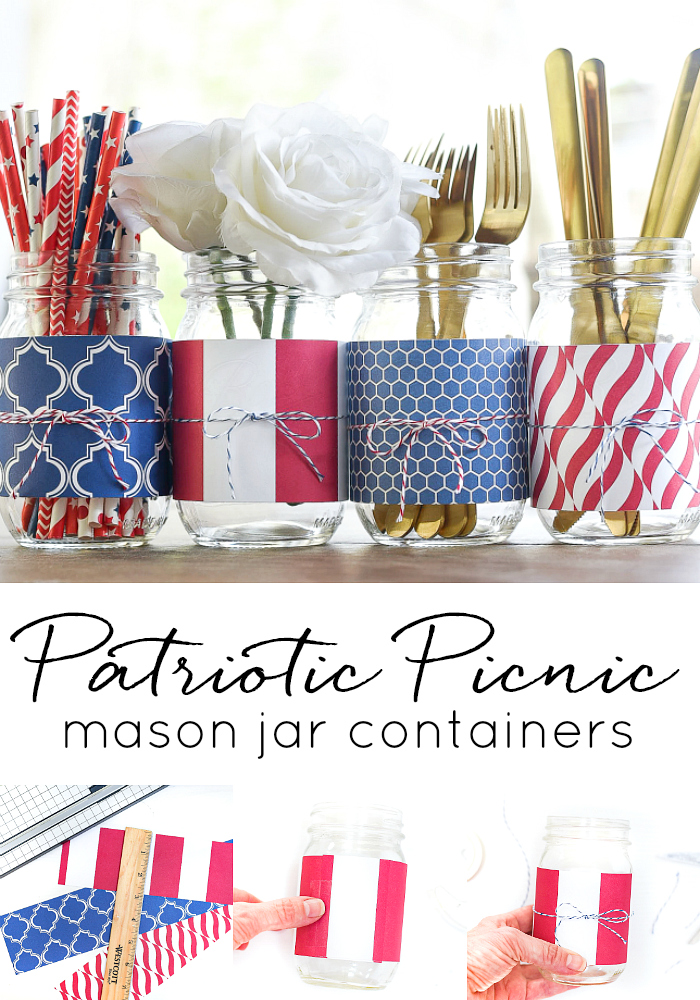 Red White Blue Mason Jar with Scrapbook Paper - Patriotic Mason Jars for Memorial Day, Fourth of July, Labor Day.