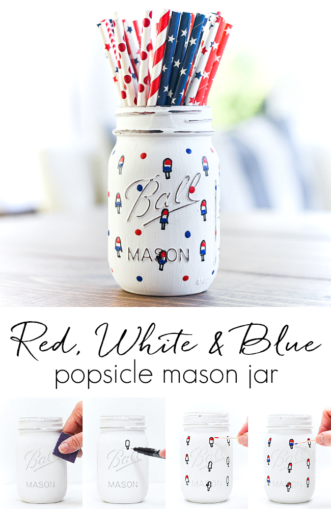 Red, White & Blue Popsicle mason jar. Patriotic mason jar craft. Memorial Day craft idea with jars. Fourth of July craft ideas with jars.
