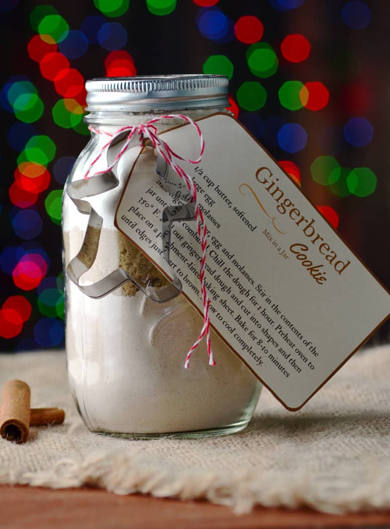 Gingerbread Cookie Mix and recipe in mason jar gift idea. Holiday foods in mason jars. Mason jar gift ideas with food and recipes. Recipes in mason jars. Holiday gift ideas with mason jars. Hot chocolate in mason jars. Recipes in mason jars.