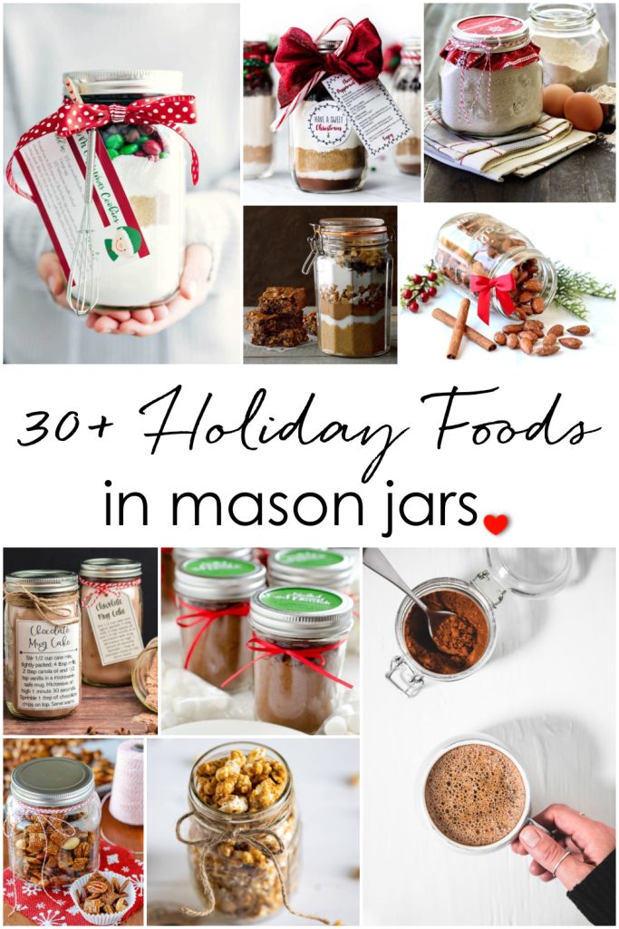 Holiday foods in mason jars. Mason jar gift ideas with food and recipes. Recipes in mason jars. Holiday gift ideas with mason jars. Hot chocolate in mason jars. Recipes in mason jars.