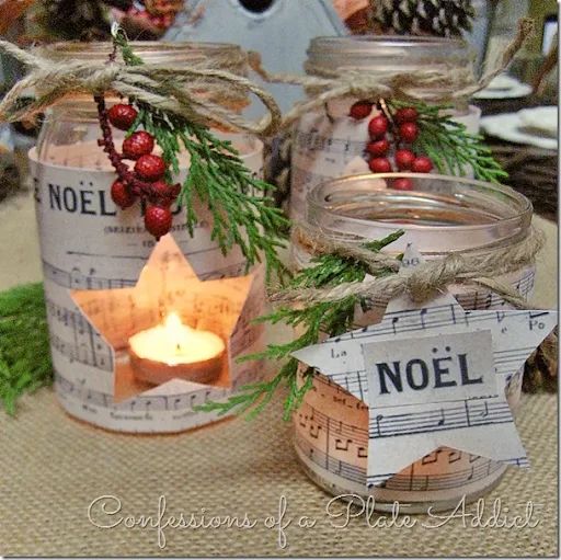 Sheet Music Wrapped Mason Jar Candle for Christmas. Christmas Candles in Mason Jars. Mason Jar Candle Ideas for Holidays. Easy Christmas Candle DIY Ideas. How to Make a Holiday Candle with Mason Jars. Mason Jar Crafts for Kids for Christmas. Winter Crafts with Mason Jars. Mason Jar Luminaries for the Holidays. Decorating for the Holidays with Mason Jars.