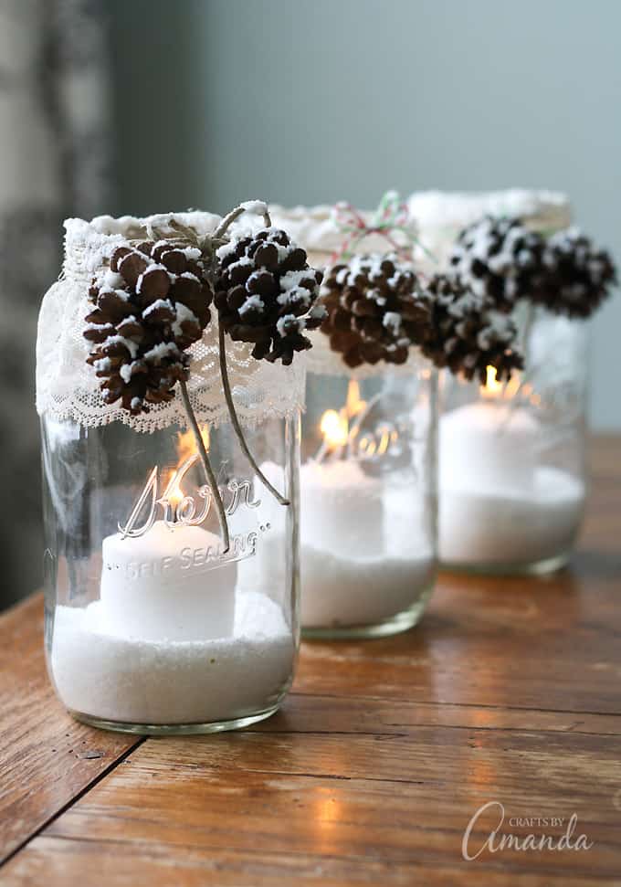 Epsom Salt Snow Candles with Pine Cones DIY. Christmas Candles in Mason Jars. Mason Jar Candle Ideas for Holidays. Easy Christmas Candle DIY Ideas. How to Make a Holiday Candle with Mason Jars. Mason Jar Crafts for Kids for Christmas. Winter Crafts with Mason Jars. Mason Jar Luminaries for the Holidays. Decorating for the Holidays with Mason Jars.
