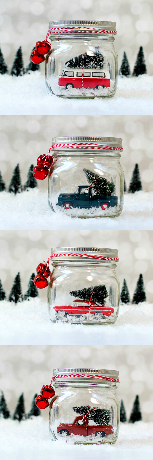 Vintage Cars in Jars with Bottle Brush Trees Tied to Top Snow Globes. Mason Jar Snow Globe Craft Ideas. Bottle Brush Trees in Mason Jar Snow Globes. How to Make a Snow Globe in a Jar. Kids Craft Ideas for Christmas with Mason Jars. Gift Ideas in Mason Jars. Winter Crafts Ideas with Snow Globes. Mason Jar Crafts for Christmas. 