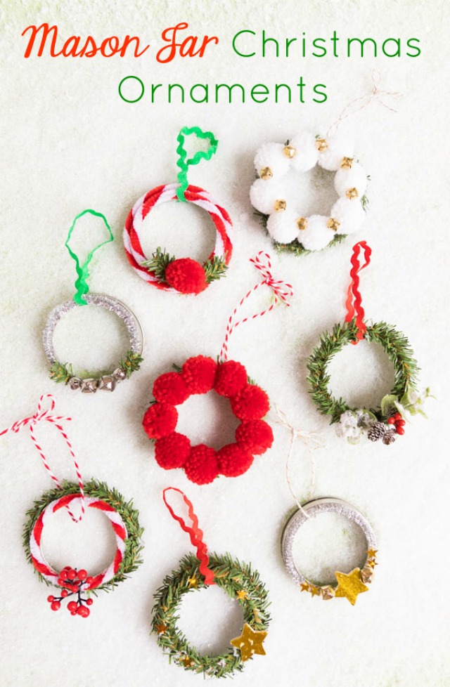 Mason Jar Bands Mini Wreath Ornament DIY Ideas. Mason Jar Christmas Ornament Craft Ideas. DIY Mason Jar Ornaments - Christmas Crafts with Mason Jars - Homemade Ornament Craft Ideas. Mini Mason Jar Ornaments tutorial. Mason Jar Lid Ornaments. Mason Jar Lid Mini Wreath Ornaments.