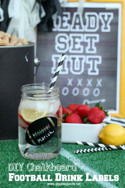 Chalkboard Football Drink Labels. Football Mason Jar Crafts & Party Ideas. Football Party with Mason Jars. Mason Jar Football Centerpiece. Mason jar football drink cups. Mason jar football utensil holder.