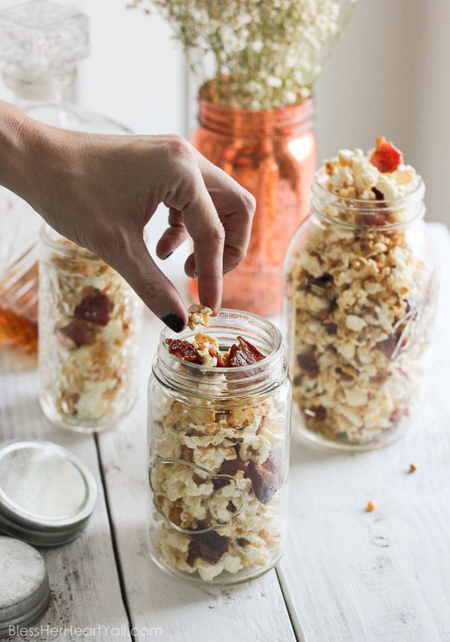 Popcorn in Mason Jars. Popcorn Recipe Ideas for National Popcorn Day. Mason Jar Hostess Gifts. Maple Bacon Bourbon Popcorn Recipe. Gourmet Popcorn Recipes. Popcorn Mason Jar Gift Ideas. Popcorn Mason Jar Wedding Favor Ideas.