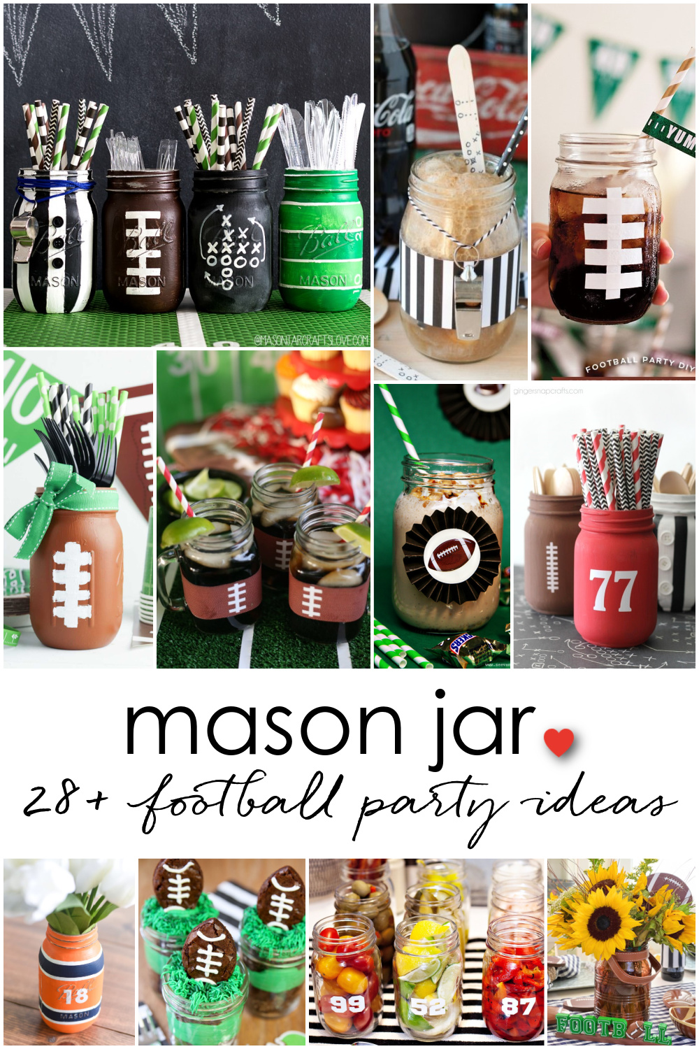 Football Mason Jar Crafts & Party Ideas. Football Party with Mason Jars. Mason Jar Football Centerpiece. Mason jar football drink cups. Mason jar football utensil holder.