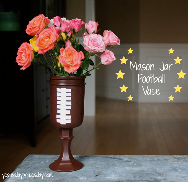 Football Mason Jar Crafts & Party Ideas. Football Party with Mason Jars. Mason Jar Football Centerpiece. Mason jar football drink cups. Mason jar football utensil holder.