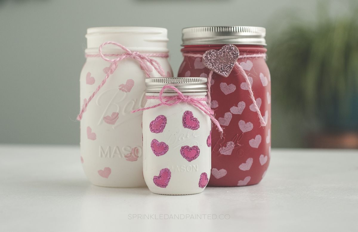 Heart Stamped Mason Jars for Valentine's Day. Valentine Mason Jar Crafts. Mason Jar Valentine's Day Craft Ideas. Gift Ideas in Mason Jars for Valentine's Day. 55+ Valentine Jar Crafts & More