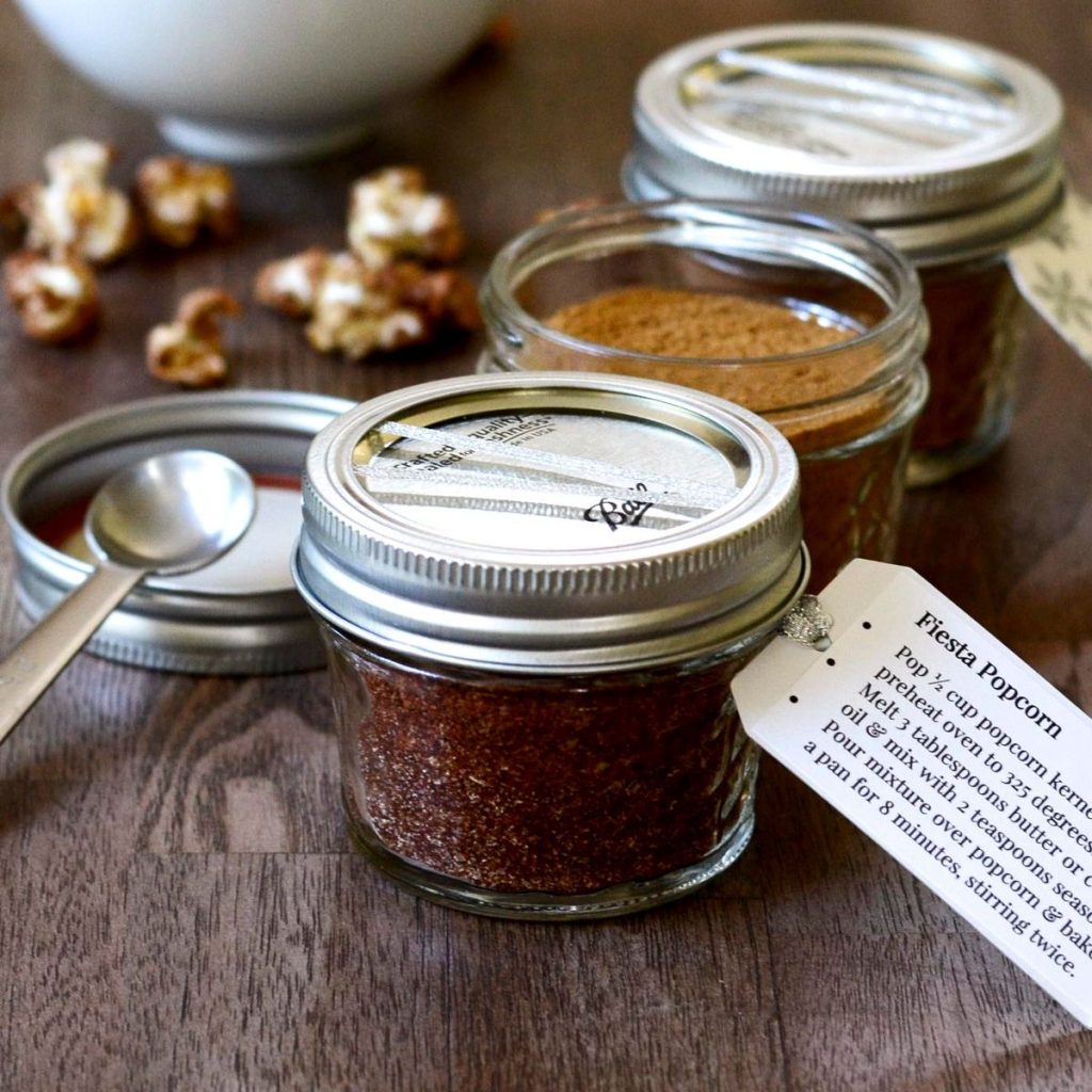 Popcorn in Mason Jars. Popcorn Recipe Ideas for National Popcorn Day. Homemade Popcorn Gift Set with Chocolate, FIesta & Gingerbread Seasonings. Gourmet Popcorn Recipes. Popcorn Mason Jar Gift Ideas. Popcorn Mason Jar Wedding Favor Ideas.