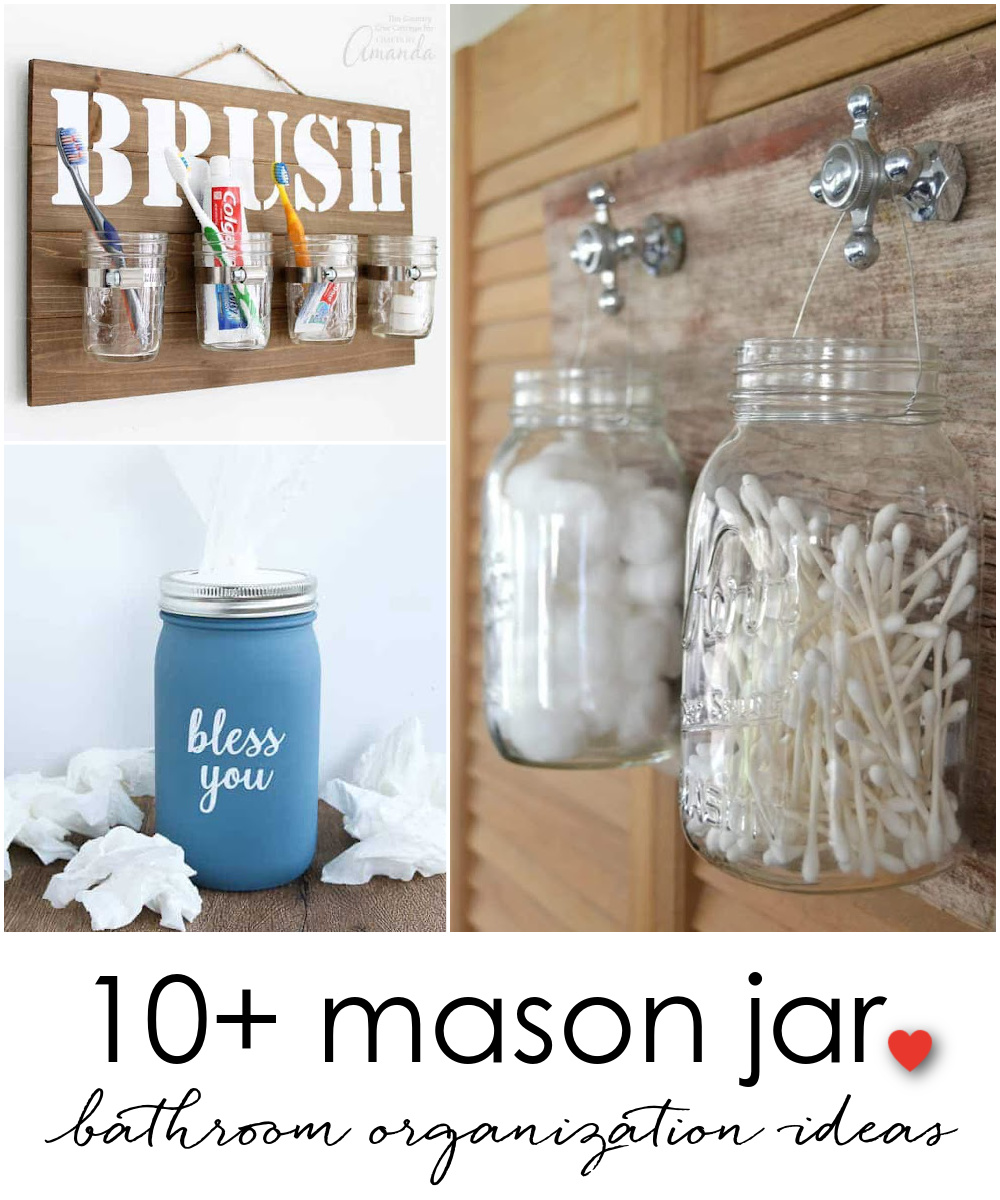 Mason Jar Bathroom Storage and Organization Ideas. Organizing the bathroom with mason jars. Pretty storage ideas with mason jars. Rustic storage ideas with mason jars. Bathroom storage using mason jars.