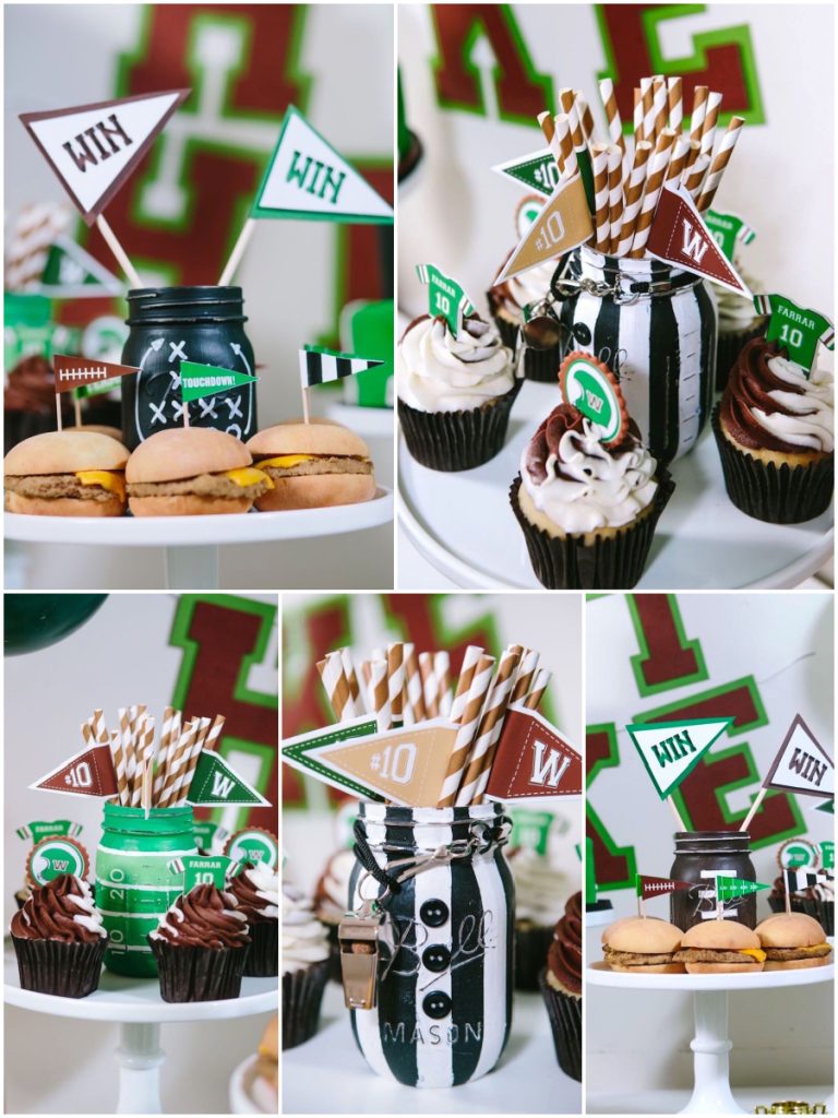Football Mason Jar Crafts & Party Ideas. Football Party with Mason Jars. Mason Jar Football Centerpiece. Mason jar football drink cups. Mason jar football utensil holder.
