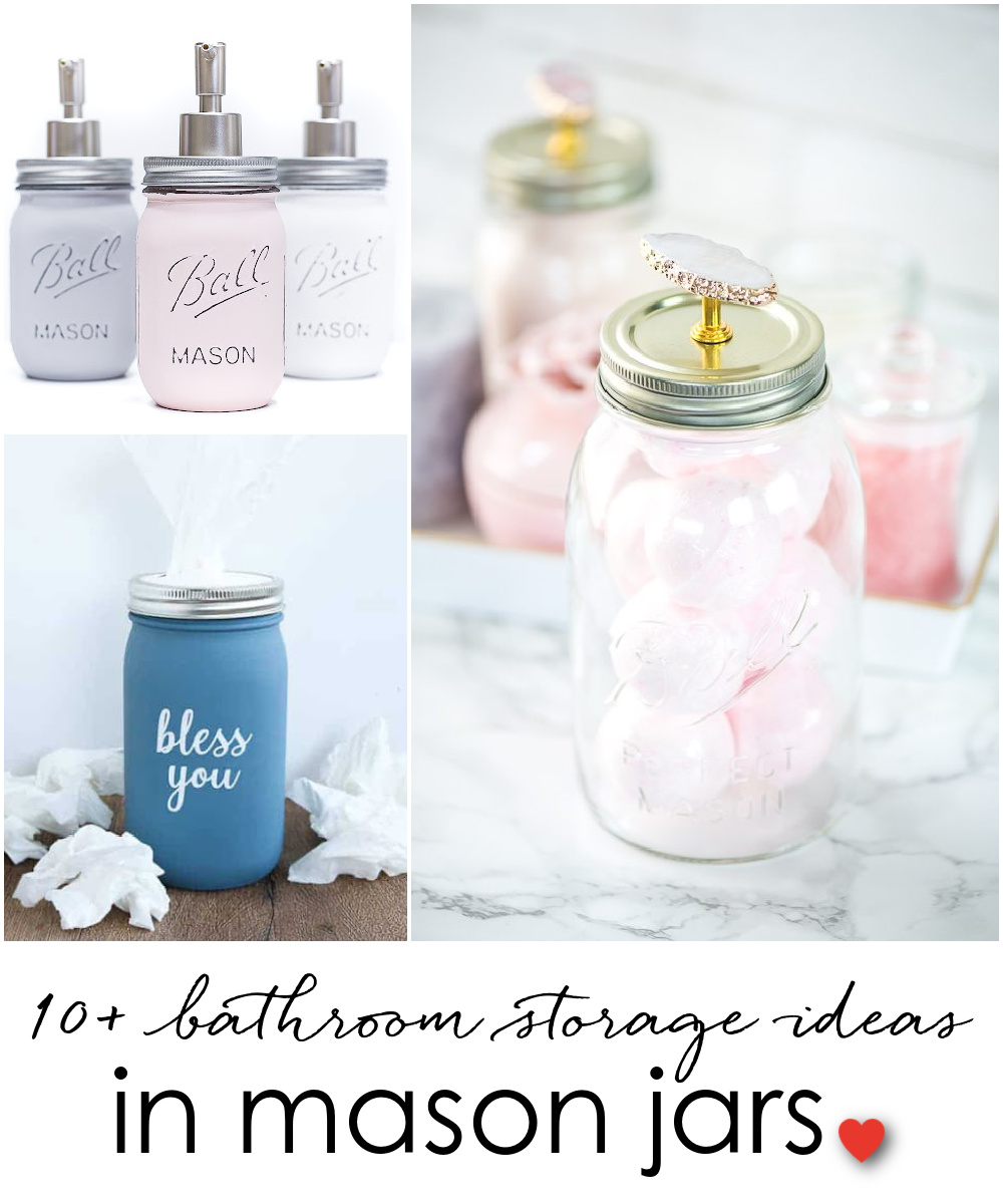 Mason Jar Bathroom Storage and Organization Ideas. Organizing the bathroom with mason jars. Pretty storage ideas with mason jars. Rustic storage ideas with mason jars. Bathroom storage using mason jars.