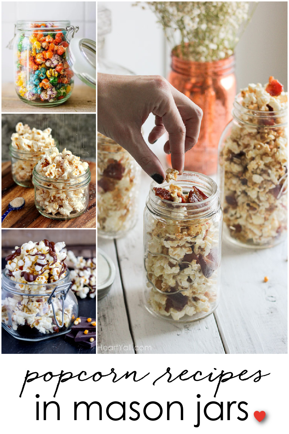 Popcorn in Mason Jars. Popcorn Recipe Ideas for National Popcorn Day. Gourmet Popcorn Recipes. Popcorn Mason Jar Gift Ideas. Popcorn Mason Jar Wedding Favor Ideas.