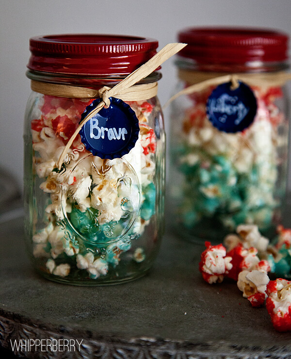 Popcorn in Mason Jars. Popcorn Recipe Ideas for National Popcorn Day. Red, White & Blue Popcorn in Mason Jar. Gourmet Popcorn Recipes. Popcorn Mason Jar Gift Ideas. Popcorn Mason Jar Wedding Favor Ideas.