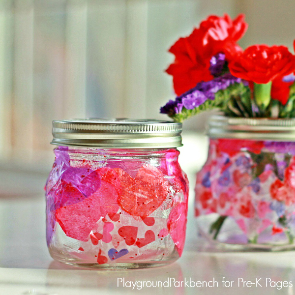 Tissue Paper Heart Valentine Craft for Kids. Valentine's Mason Jar Crafts for Kids - Kid's Crafts Ideas for Valentine's Day with Mason Jars.