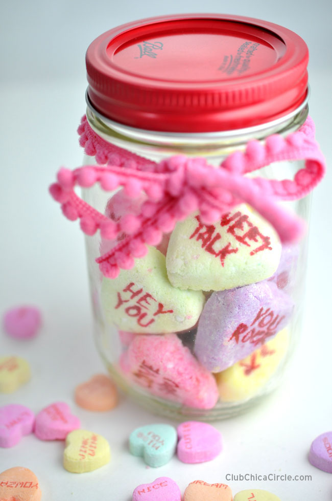 Conversation Heart Bath Bomb in Mason Jar Valentine Gift. Valentine Mason Jar Crafts. Mason Jar Valentine's Day Craft Ideas. Gift Ideas in Mason Jars for Valentine's Day. 55+ Valentine Jar Crafts & More