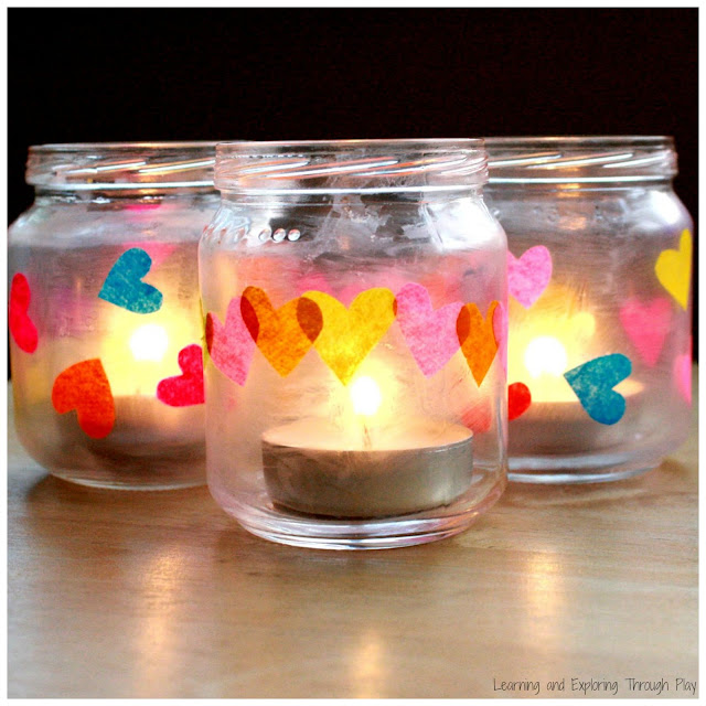 Tissue Paper Heart Votive Craft for KIds. Valentine's Mason Jar Crafts for Kids - Kid's Crafts Ideas for Valentine's Day with Mason Jars.