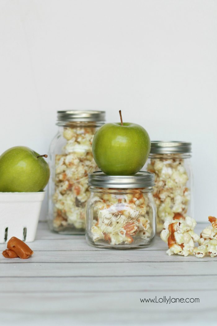 Popcorn in Mason Jars. Popcorn Recipe Ideas for National Popcorn Day. Candied Caramel Apple Popcorn Recipe. Gourmet Popcorn Recipes. Popcorn Mason Jar Gift Ideas. Popcorn Mason Jar Wedding Favor Ideas.