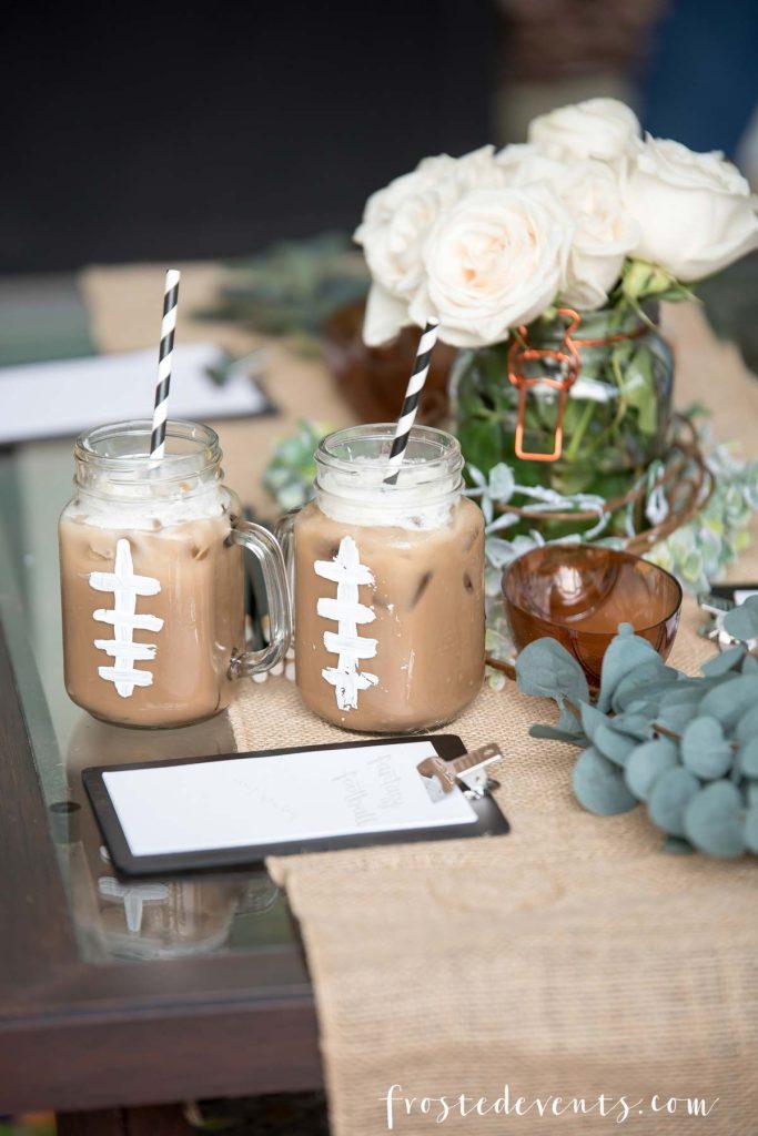 Football Mason Jar Crafts & Party Ideas. Football Party with Mason Jars. Mason Jar Football Centerpiece. Mason jar football drink cups. Mason jar football utensil holder.