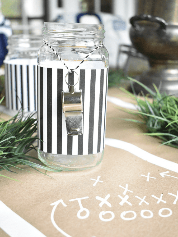 Referee Mason Jar for Super Bowl Party, Sports Themed Party. Football Mason Jar Crafts & Party Ideas. Football Party with Mason Jars. Mason Jar Football Centerpiece. Mason jar football drink cups. Mason jar football utensil holder.