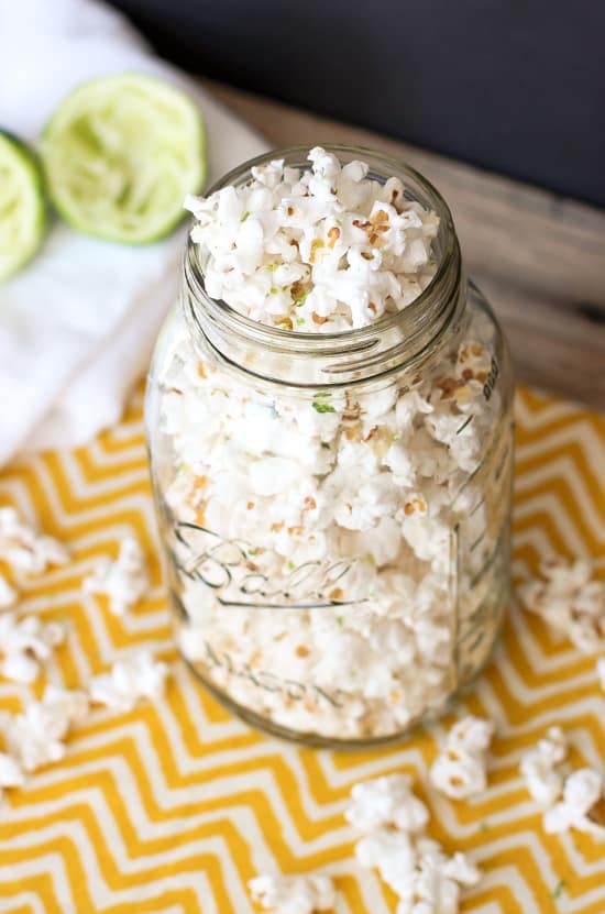 Popcorn in Mason Jars. Popcorn Recipe Ideas for National Popcorn Day. Salted Lime Popcorn Recipe. Gourmet Popcorn Recipes. Popcorn Mason Jar Gift Ideas. Popcorn Mason Jar Wedding Favor Ideas.