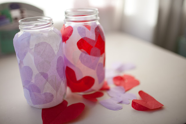 Tissue Paper Hert Collage Mason Jar. Valentine Mason Jar Crafts. Mason Jar Valentine's Day Craft Ideas. Gift Ideas in Mason Jars for Valentine's Day. 55+ Valentine Jar Crafts & More