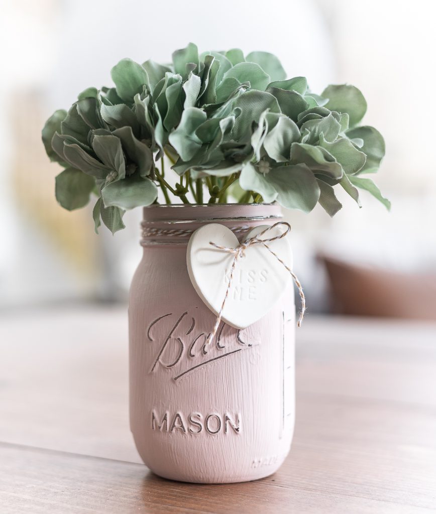 Conversation Heart Clay Valentine Gift Tag on Mason Jar Vase. Valentine Mason Jar Crafts. Mason Jar Valentine's Day Craft Ideas. Gift Ideas in Mason Jars for Valentine's Day. 55+ Valentine Jar Crafts & More