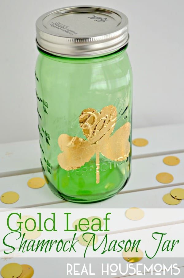 Gold Leaf Shamrock Mason Jar. Mason Jar Crafts for St. Patrick's Day - Shamrock Crafts for St. Pat's - Pot of Gold Crafts with Mason Jars - Leprechaun Crafts for St. Patrick's Day with Mason Jars - Kids Crafts for St. Patrick's Day
