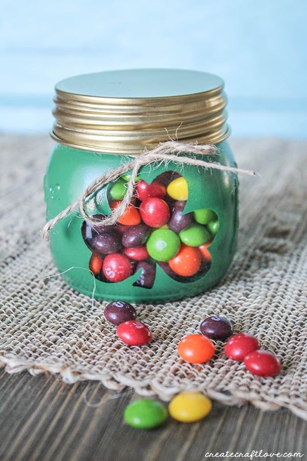 Shamrock Cut Out Painted Mason Jar Treat Jar. 
