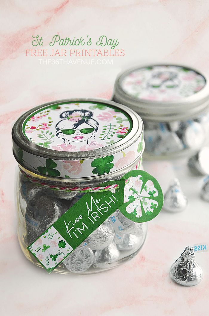 St. Patrick's Day Treat Jar. Kiss Me I'm Irish Craft Idea with Hershey Kisses. Mason Jar Crafts for St. Patrick's Day - Shamrock Crafts for St. Pat's - Pot of Gold Crafts with Mason Jars - Leprechaun Crafts for St. Patrick's Day with Mason Jars - Kids Crafts for St. Patrick's Day
