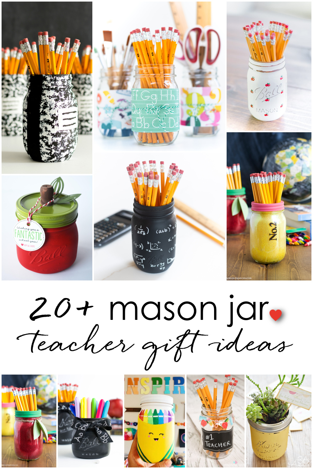 Teacher Gift Mason Jars - Mason Jar Gift Ideas for Teachers - School Themed Mason Jars. Mason Jar Pencil Holders Themed for School, Students, Teachers. Back to School Teacher Gift Ideas. Holiday Teacher Gift Ideas with Mason Jars. DIY Teacher Gift Ideas.